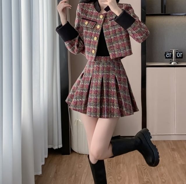 Set: Stand Collar Button-Up Tweed Crop Jacket + High Waist Pleated Mini A-Line Skirt