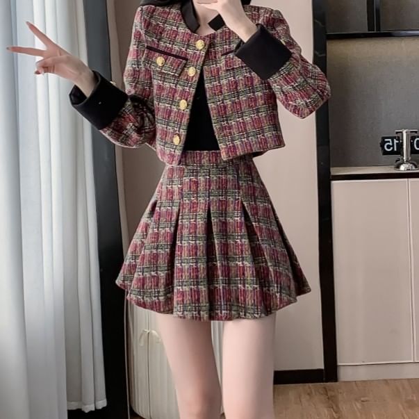 Set: Stand Collar Button-Up Tweed Crop Jacket + High Waist Pleated Mini A-Line Skirt