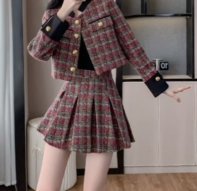 Set: Stand Collar Button-Up Tweed Crop Jacket + High Waist Pleated Mini A-Line Skirt