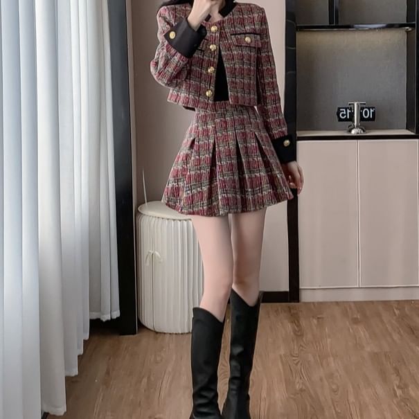 Set: Stand Collar Button-Up Tweed Crop Jacket + High Waist Pleated Mini A-Line Skirt