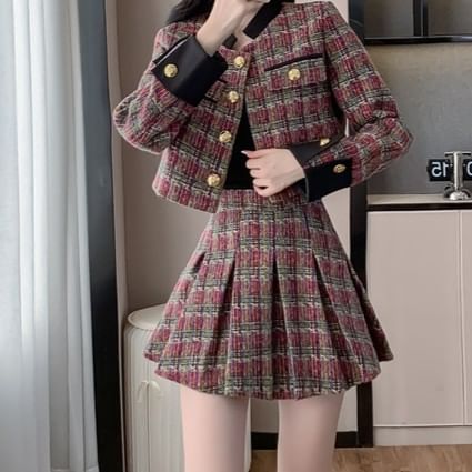 Set: Stand Collar Button-Up Tweed Crop Jacket + High Waist Pleated Mini A-Line Skirt