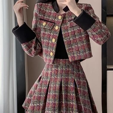 Set: Stand Collar Button-Up Tweed Crop Jacket + High Waist Pleated Mini A-Line Skirt