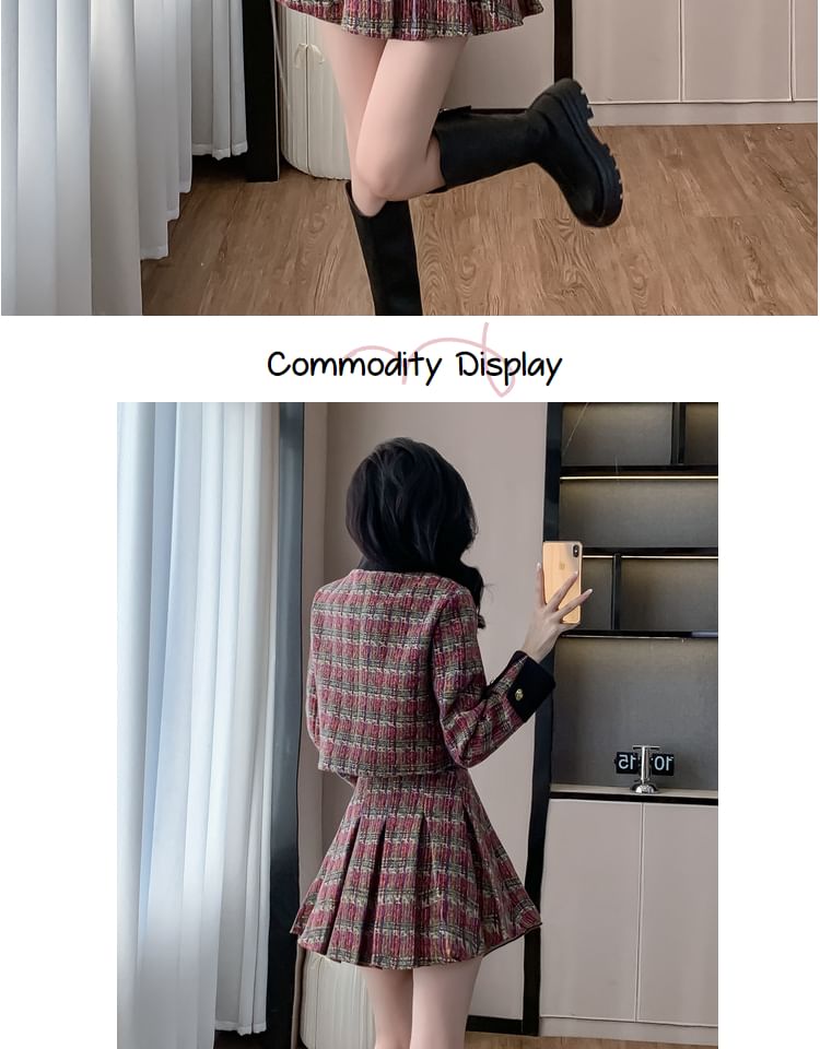 Set: Stand Collar Button-Up Tweed Crop Jacket + High Waist Pleated Mini A-Line Skirt