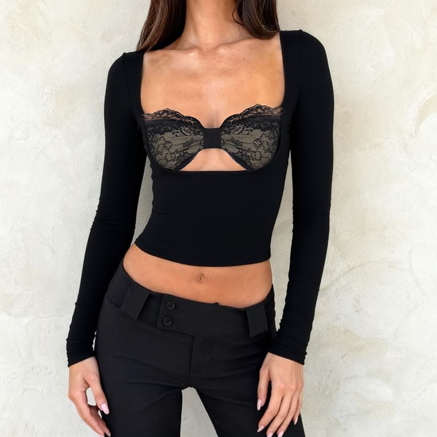 Sheer Paneled Fitted Crop Top with Mock Neck and Lace Trim