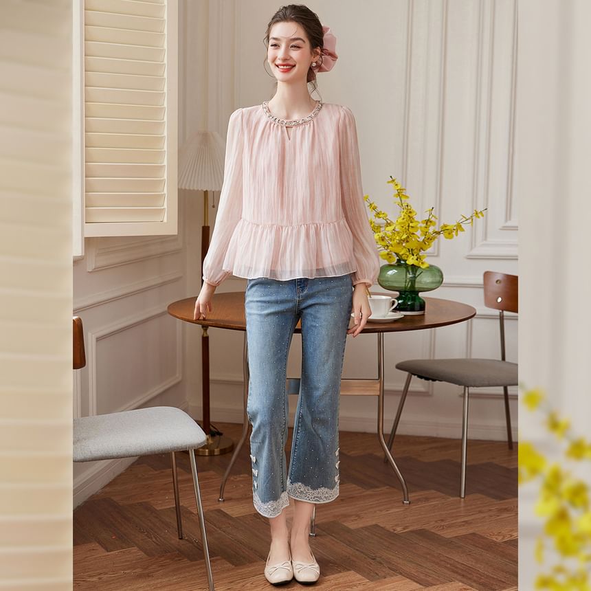 Embellished Ruffle Hem Round Neck Blouse Long Sleeve
