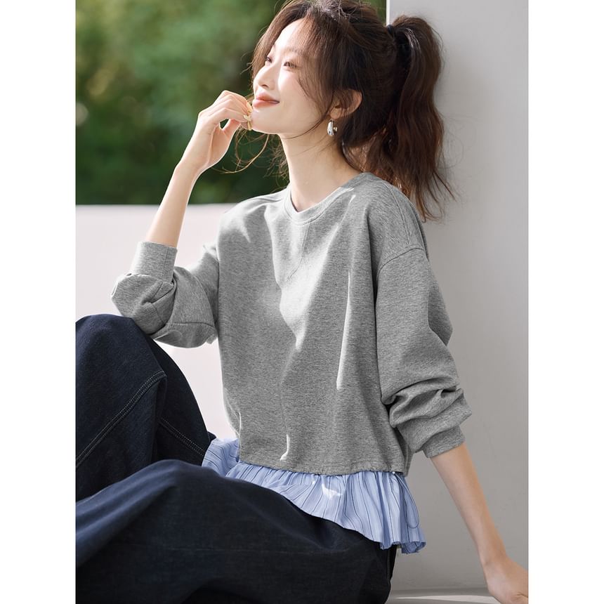 Striped Crewneck Knit Pullover with Faux Two-Piece Look