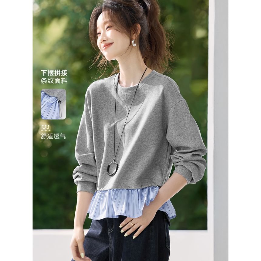 Striped Crewneck Knit Pullover with Faux Two-Piece Look