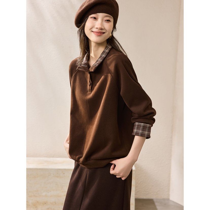 Plaid Panel Pullover with Stand Collar and Faux Two-Piece Style