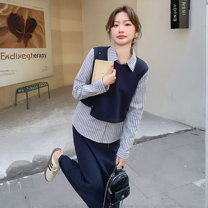 Coordinated Set: Collared Striped Blouse and High-Waist Slit Midi Skirt