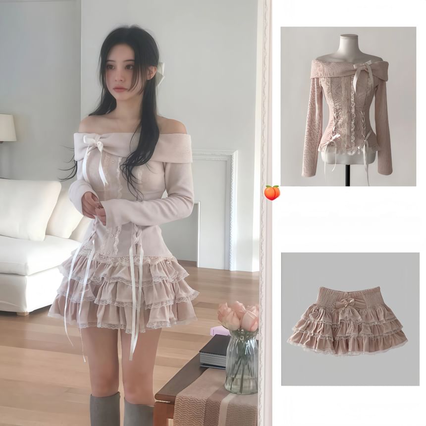 Off Shoulder Bow Ruffle Top and Tiered Mini Skirt Set