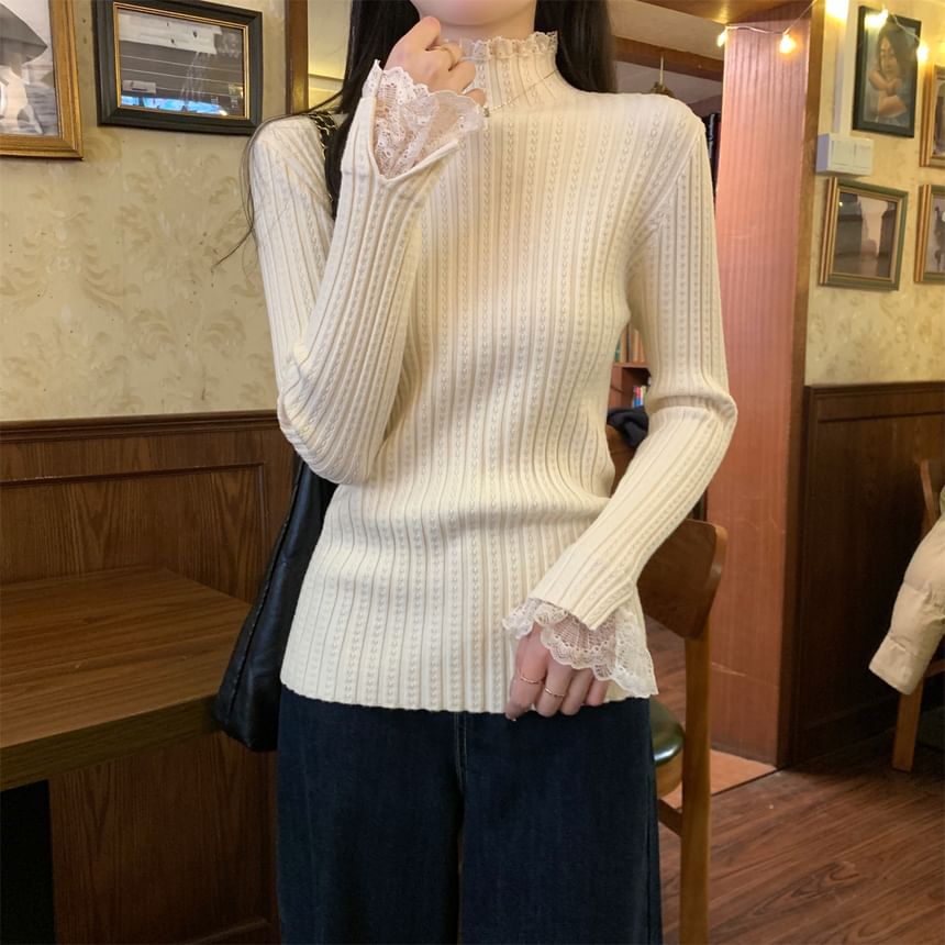 Ribbed Knit Top with Lace Trim and High Neck