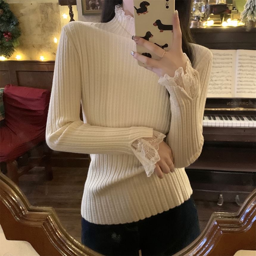 Ribbed Knit Top with Lace Trim and High Neck