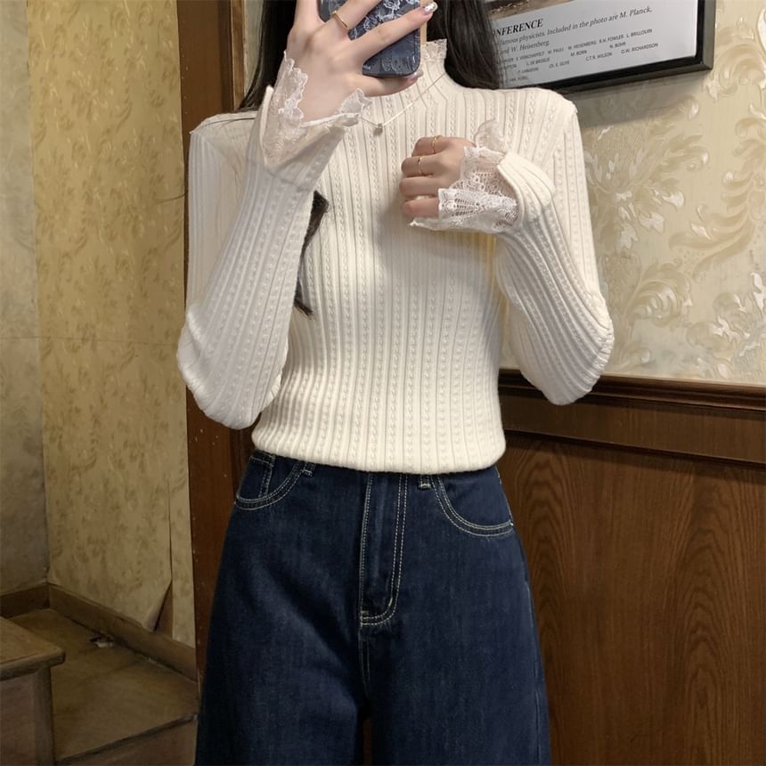 Ribbed Knit Top with Lace Trim and High Neck