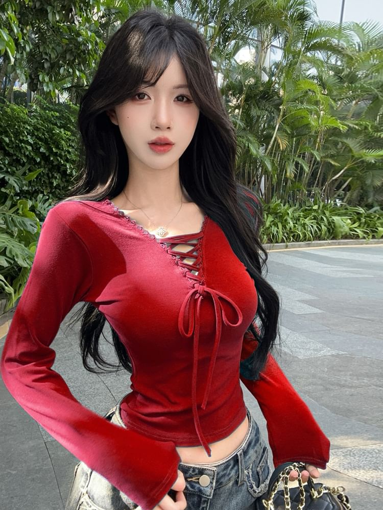 Slim-Fit Lace-Up V-Neck Long Sleeve Crop Shirt