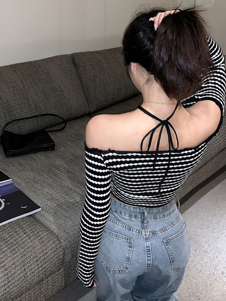 Off-Shoulder Drawstring Knit Crop Top Long Sleeve