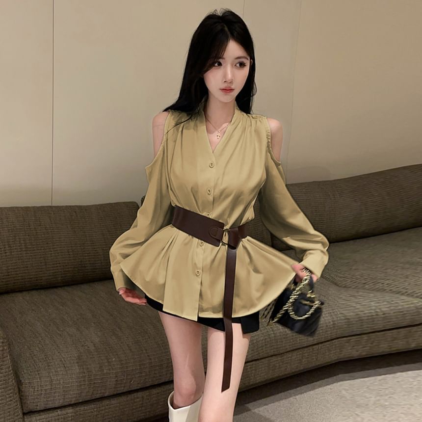 Cold Shoulder V-Neck Button Blouse Set with Belt