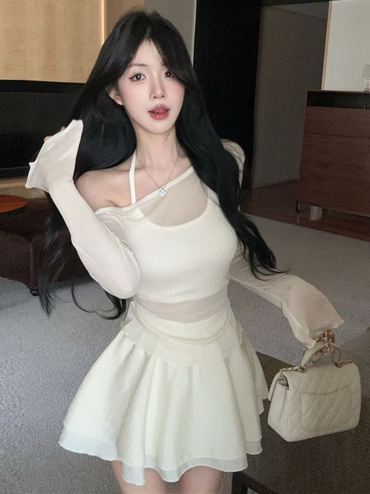 Halter Crop Top and Off-Shoulder Mesh Top with Skirt Set