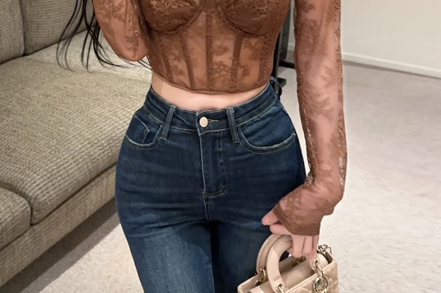 Mock Neck Bustier Top with Cutout Lace Details