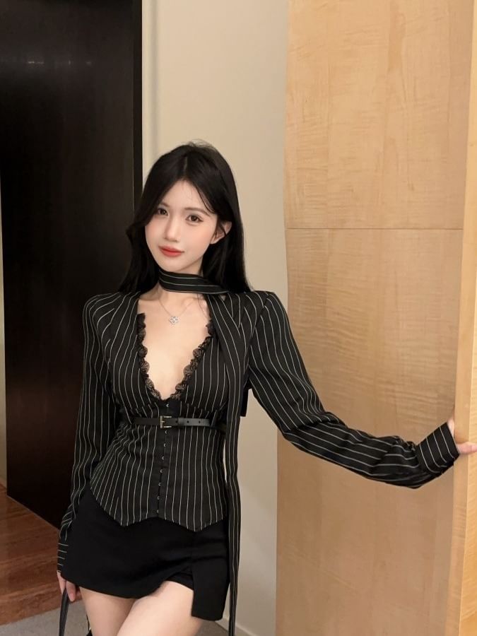 Striped V-Neck Lace Trim Crop Blouse Set with Scarf and Belt