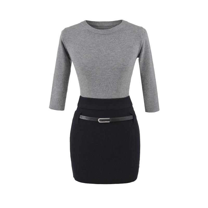 Three-Quarter Sleeve Knit Top with Crew Neck and Matching Mini Skirt