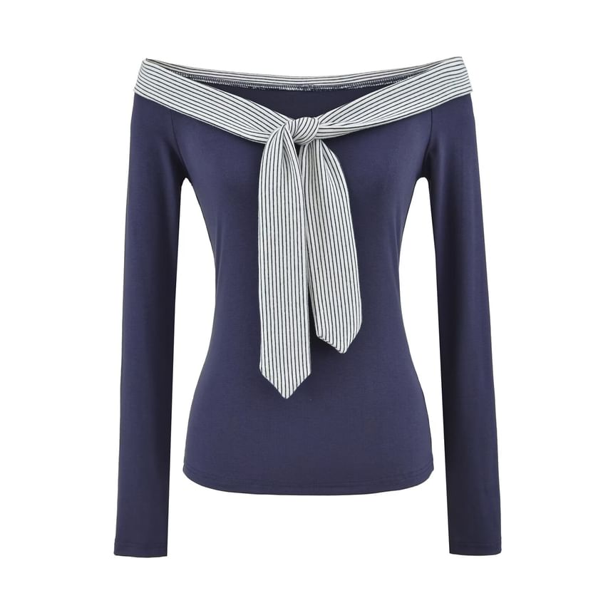 Off-Shoulder Striped Top with Long Sleeves