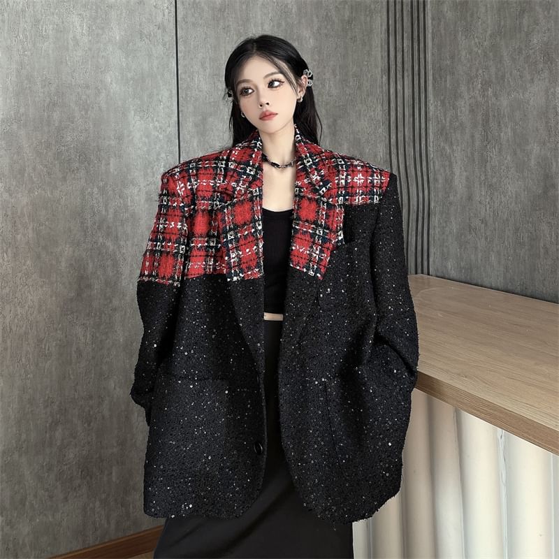 Notch Lapel Plaid Glitter Panel Tweed Single Breasted Blazer