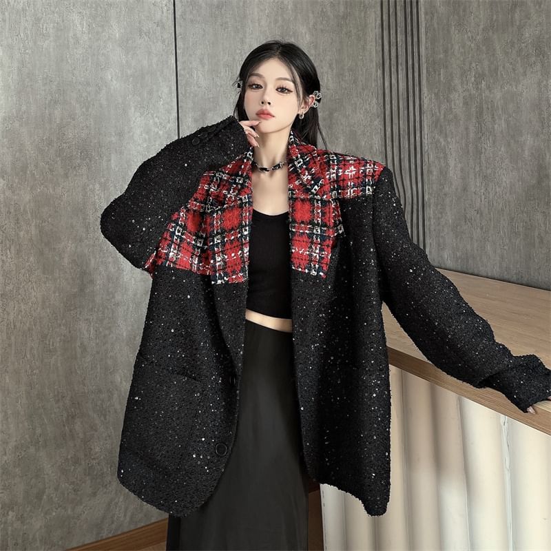 Notch Lapel Plaid Glitter Panel Tweed Single Breasted Blazer