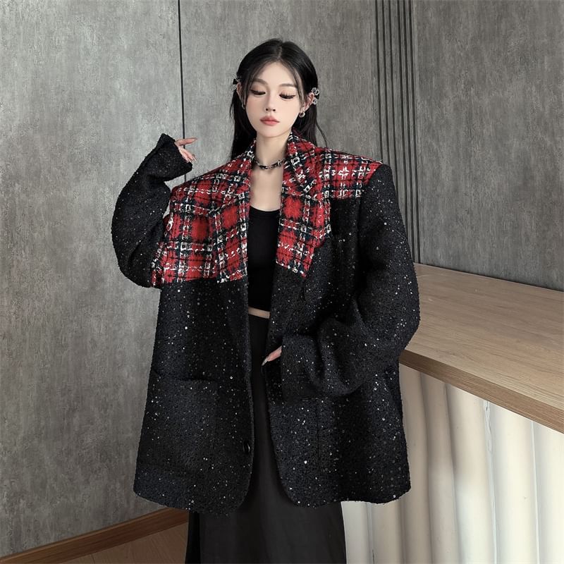 Notch Lapel Plaid Glitter Panel Tweed Single Breasted Blazer
