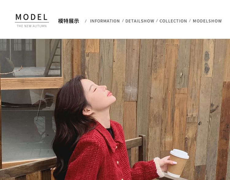 Set: Fluffy Collared Tweed Button Up Jacket + High Rise Midi A-Line Skirt