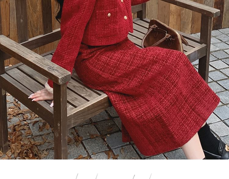 Set: Fluffy Collared Tweed Button Up Jacket + High Rise Midi A-Line Skirt