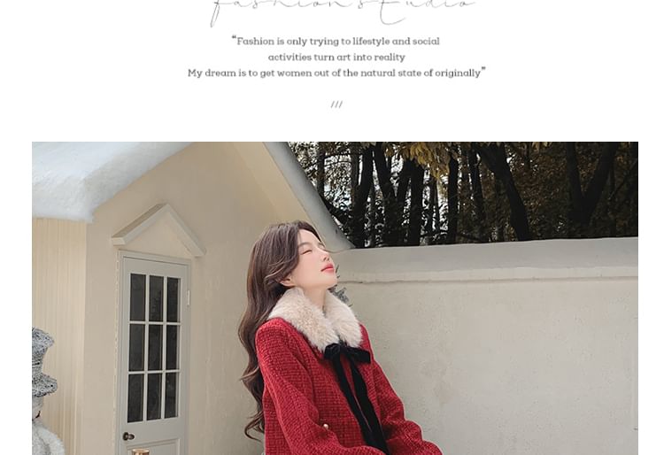 Set: Fluffy Collared Tweed Button Up Jacket + High Rise Midi A-Line Skirt