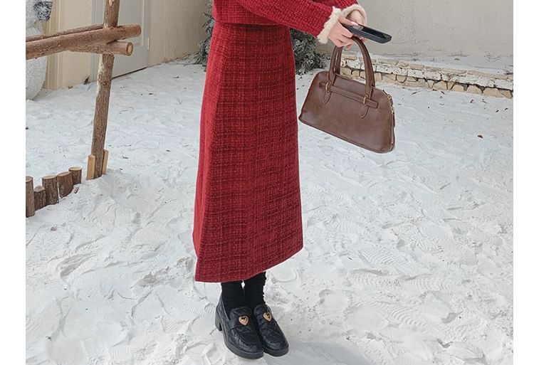 Set: Fluffy Collared Tweed Button Up Jacket + High Rise Midi A-Line Skirt