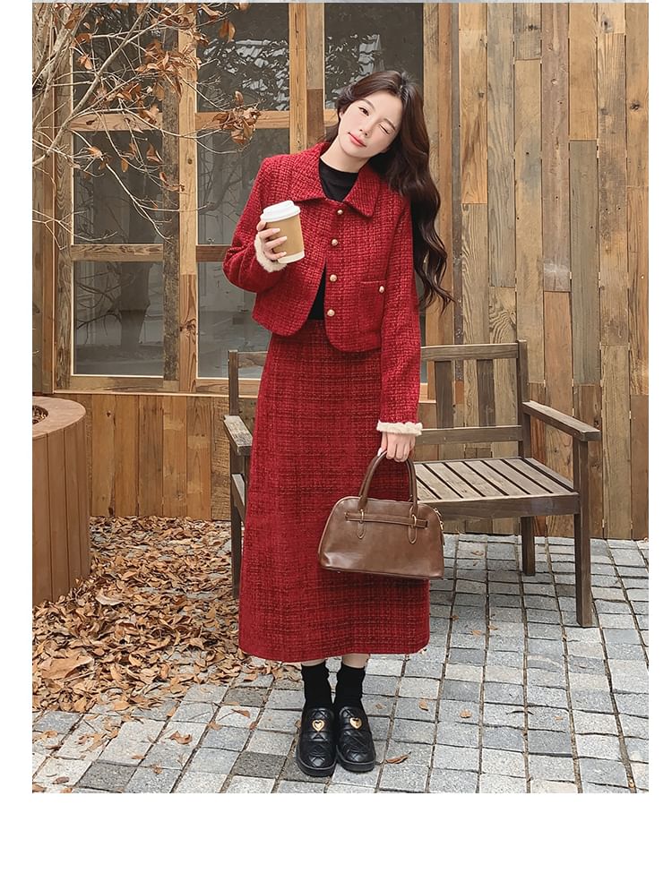 Set: Fluffy Collared Tweed Button Up Jacket + High Rise Midi A-Line Skirt