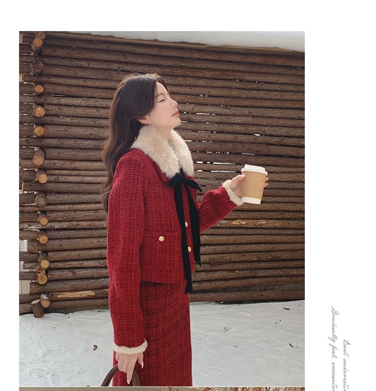 Set: Fluffy Collared Tweed Button Up Jacket + High Rise Midi A-Line Skirt