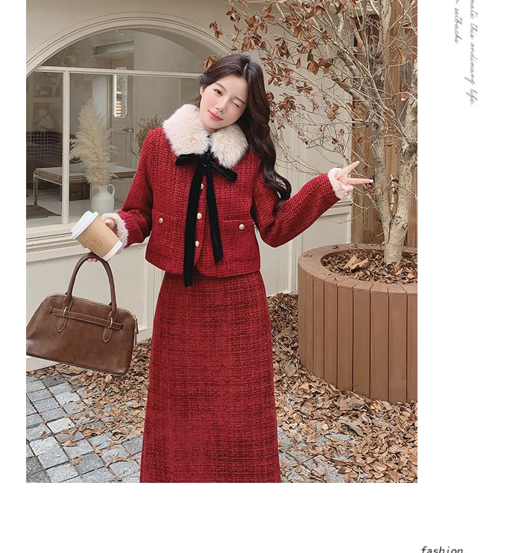 Set: Fluffy Collared Tweed Button Up Jacket + High Rise Midi A-Line Skirt