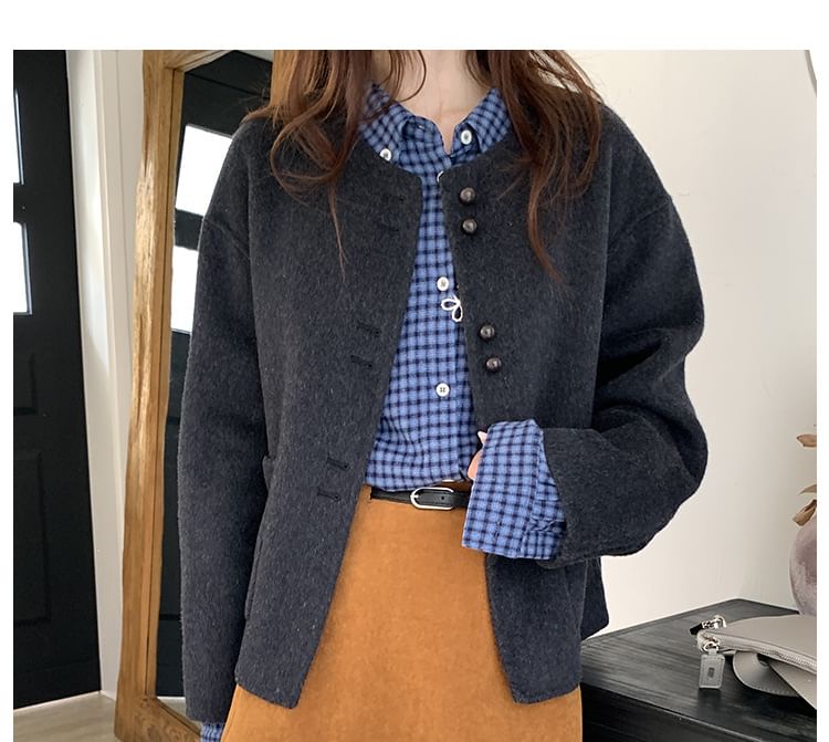Round Neck Plain Wool Button Up Jacket