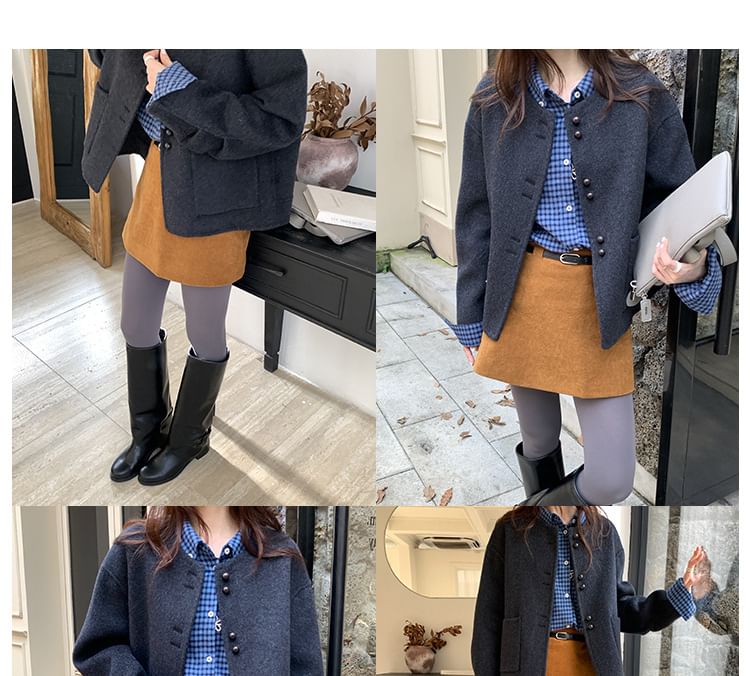 Round Neck Plain Wool Button Up Jacket