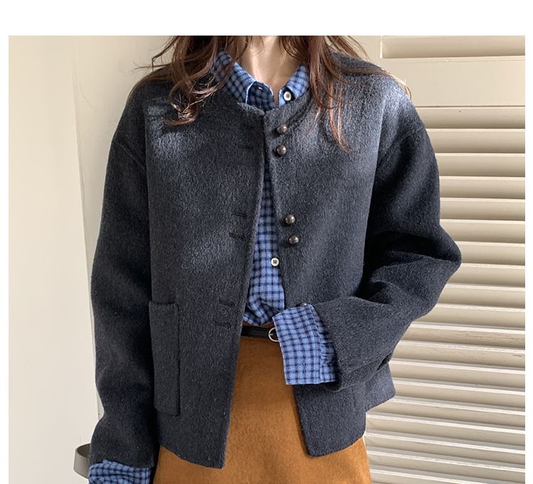 Round Neck Plain Wool Button Up Jacket