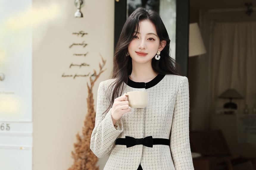 Set: Round Neck Bow Tweed Concealed Button Jacket + High Waist Plain Maxi A-Line Skirt