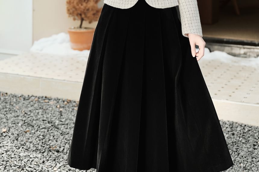 Set: Round Neck Bow Tweed Concealed Button Jacket + High Waist Plain Maxi A-Line Skirt