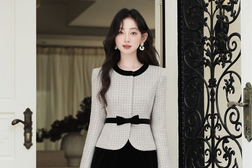 Set: Round Neck Bow Tweed Concealed Button Jacket + High Waist Plain Maxi A-Line Skirt