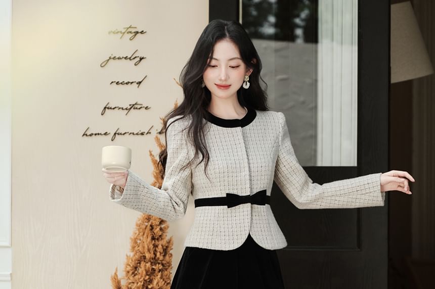 Set: Round Neck Bow Tweed Concealed Button Jacket + High Waist Plain Maxi A-Line Skirt