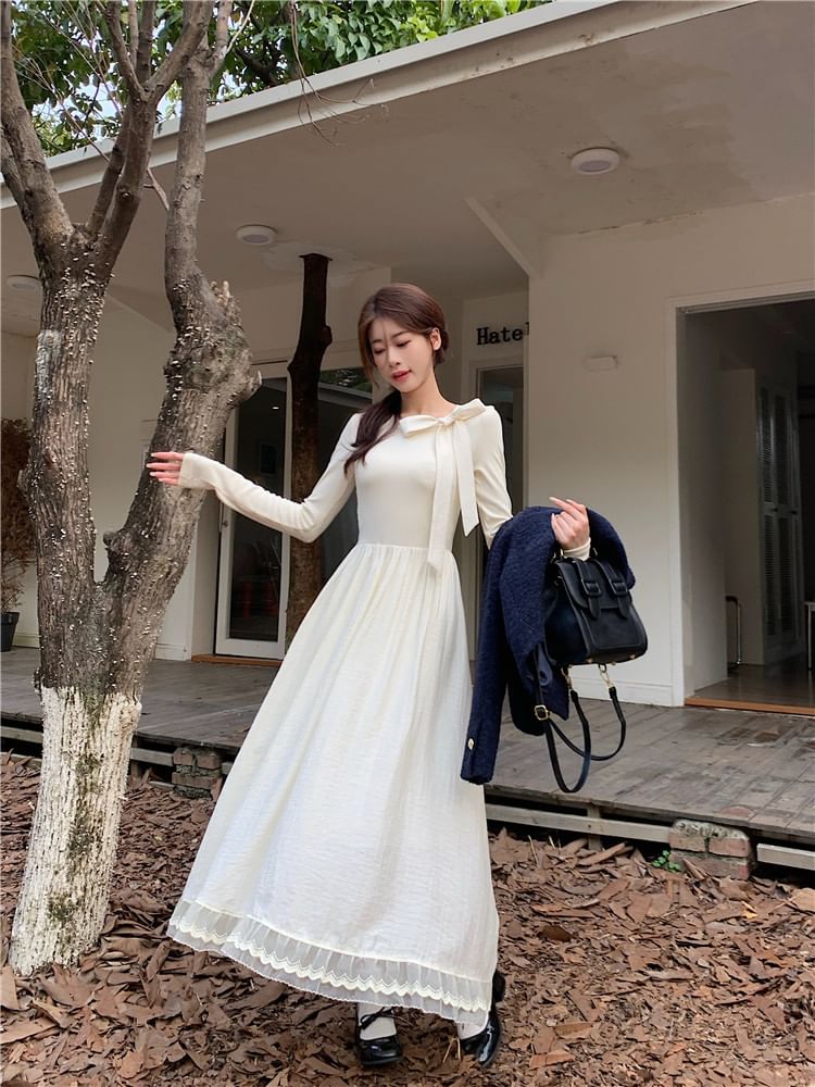 Long-Sleeve Tie-Neck Plain Lace Trim Midi A-Line Dress / Tweed Button-Up Jacket