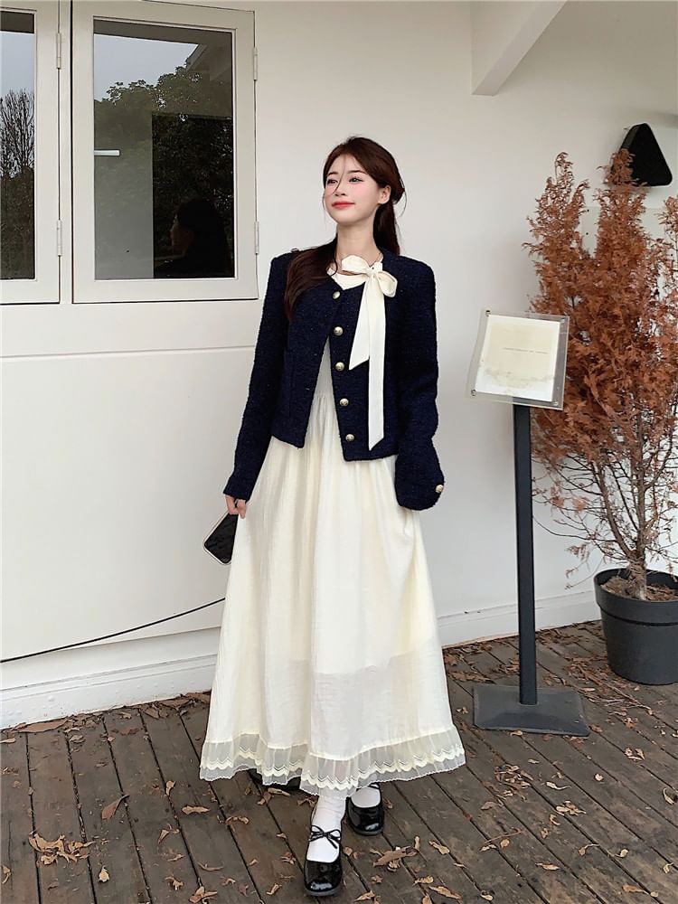 Long-Sleeve Tie-Neck Plain Lace Trim Midi A-Line Dress / Tweed Button-Up Jacket