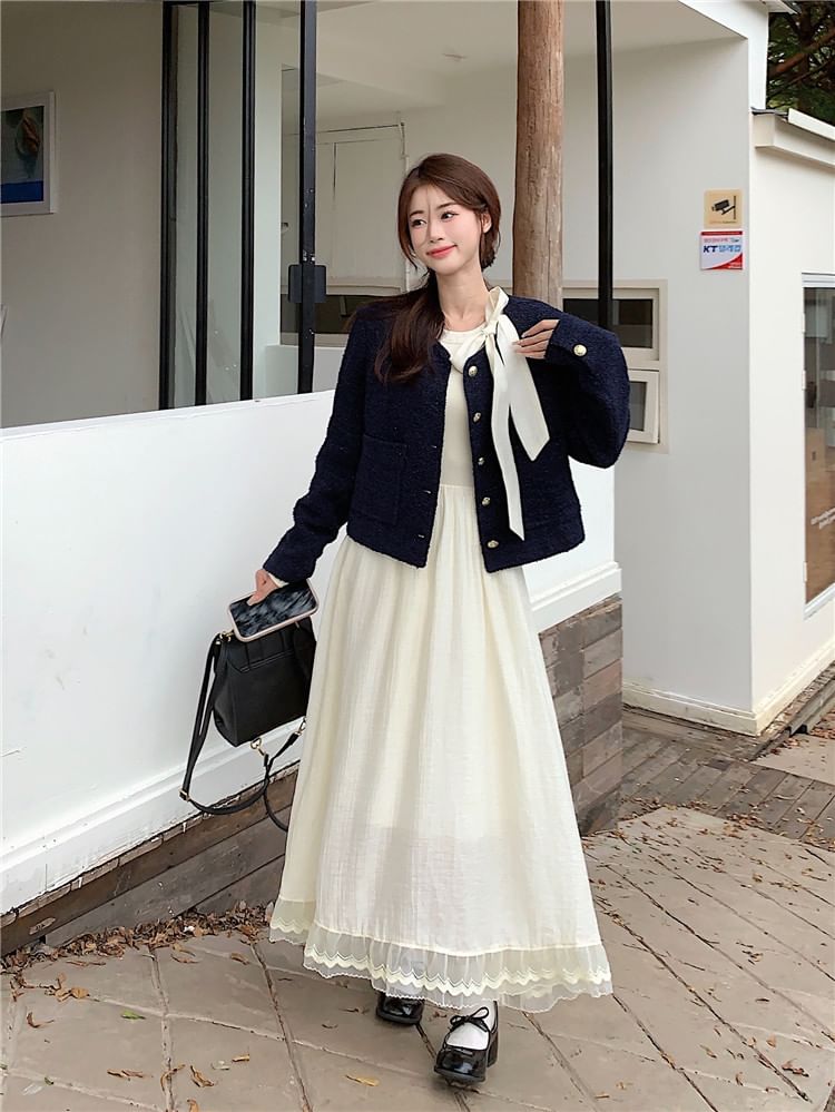 Long-Sleeve Tie-Neck Plain Lace Trim Midi A-Line Dress / Tweed Button-Up Jacket
