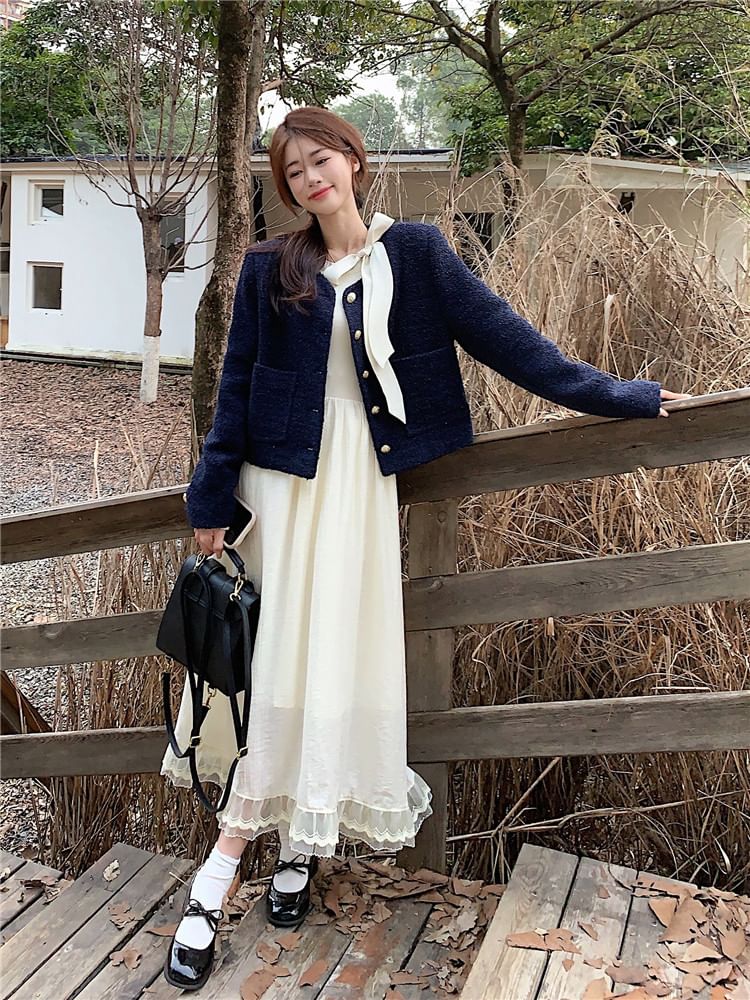 Long-Sleeve Tie-Neck Plain Lace Trim Midi A-Line Dress / Tweed Button-Up Jacket