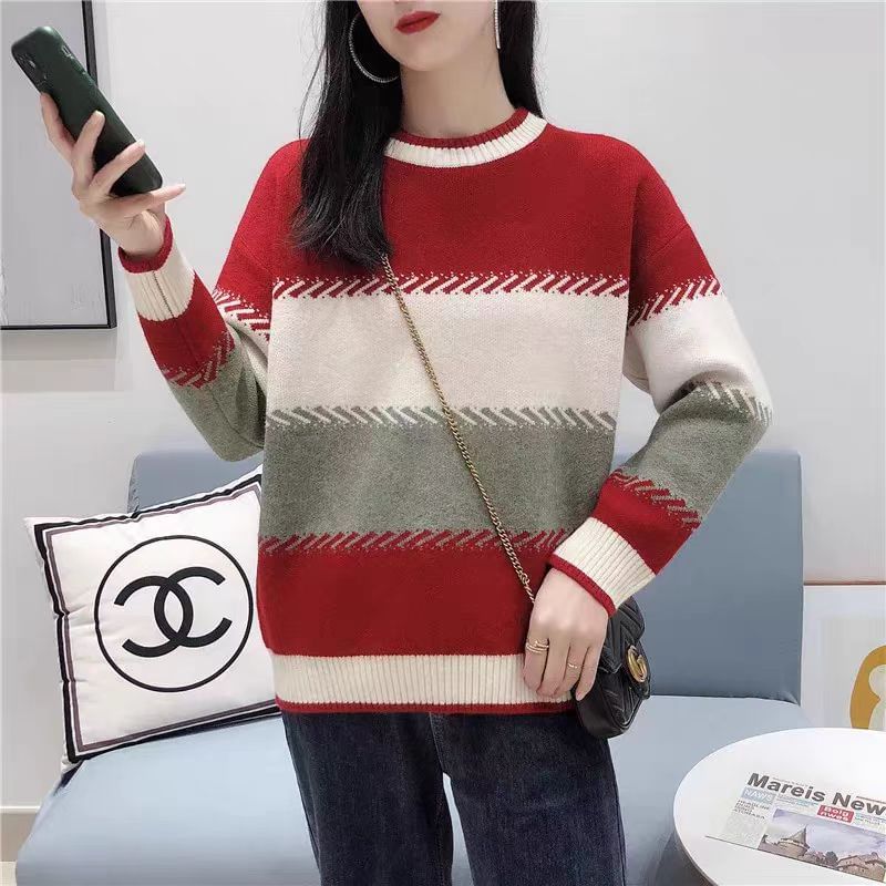 Color Block Round Neck Pullover Sweater