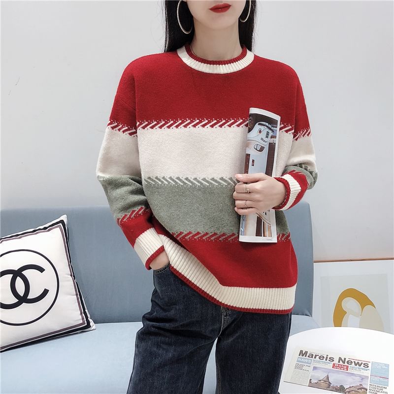 Color Block Round Neck Pullover Sweater