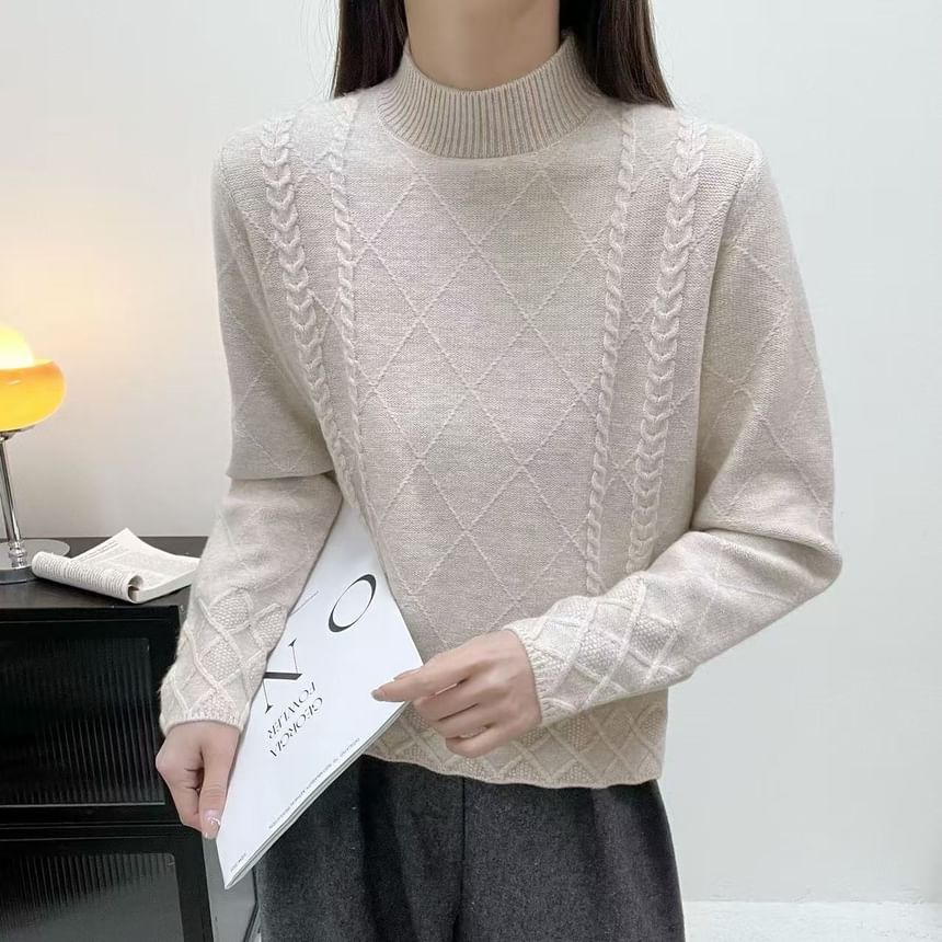 Textured Cable Knit Mock Neck Long-Sleeve Top