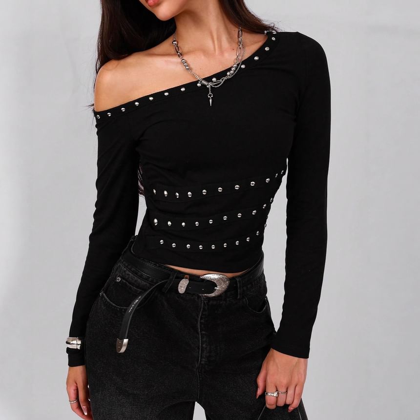 Studded Off-Shoulder Long-Sleeve Tee